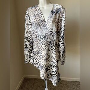 Alfani Women’s Brown Polka Dot Asymmetrical Wrap Front Long Sleeve Blouse s M